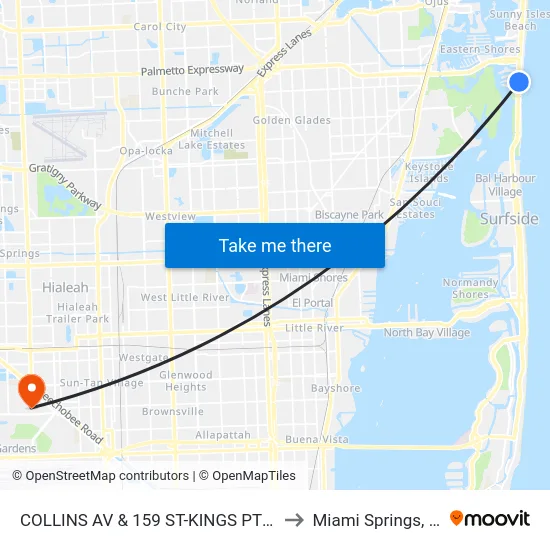 Collins Av & 159 St-Kings Pt Dr to Miami Springs, FL map