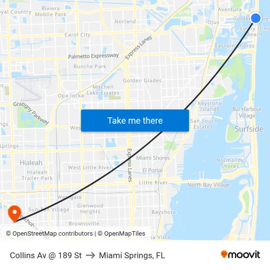 Collins Av @ 189 St to Miami Springs, FL map