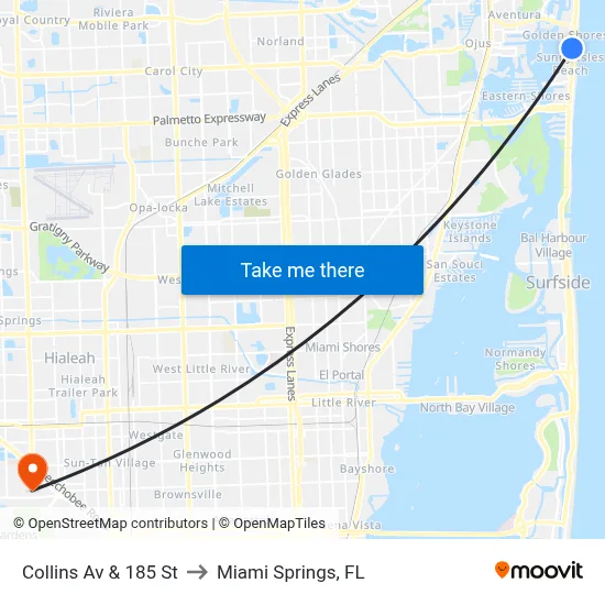 Collins Av & 185 St to Miami Springs, FL map