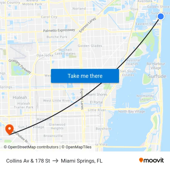 Collins Av & 178 St to Miami Springs, FL map