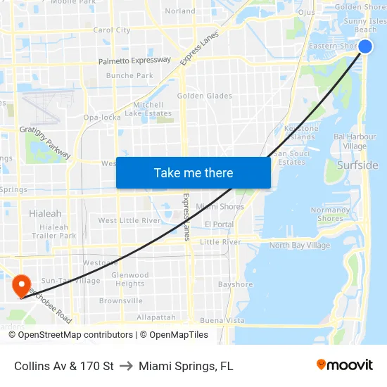Collins Av & 170 St to Miami Springs, FL map