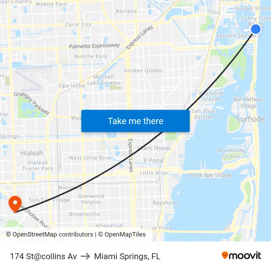 174 St@collins Av to Miami Springs, FL map