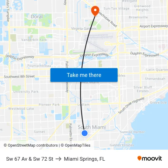 Sw 67 Av & Sw 72 St to Miami Springs, FL map
