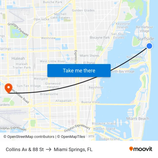 Collins Av & 88 St to Miami Springs, FL map
