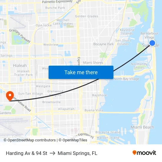 Harding Av & 94 St to Miami Springs, FL map