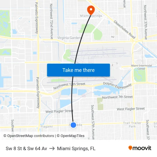 Sw 8 St & Sw 64 Av to Miami Springs, FL map