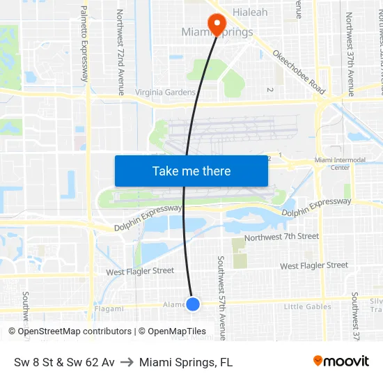 Sw 8 St & Sw 62 Av to Miami Springs, FL map