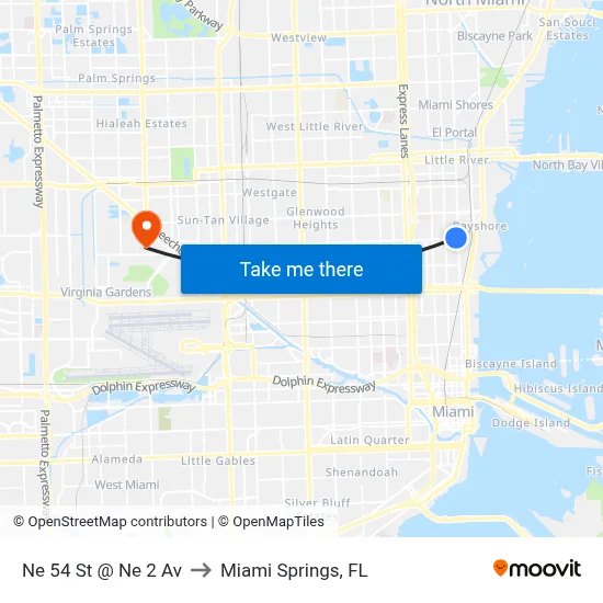 Ne 54 St @ Ne 2 Av to Miami Springs, FL map