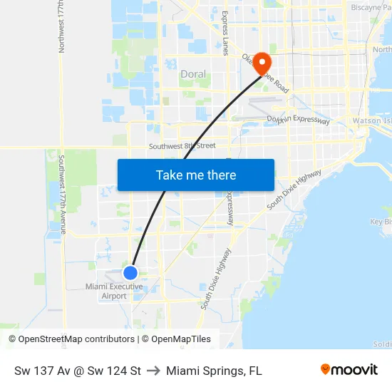 Sw 137 Av @ Sw 124 St to Miami Springs, FL map