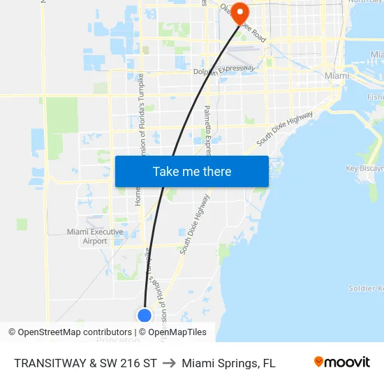Transitway & Sw 216 St to Miami Springs, FL map