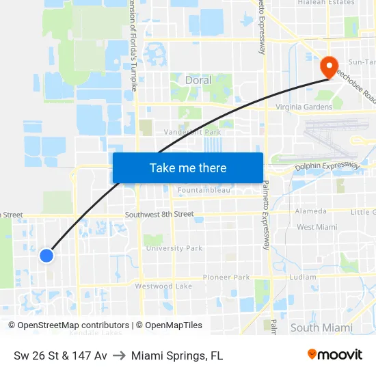 Sw 26 St & 147 Av to Miami Springs, FL map