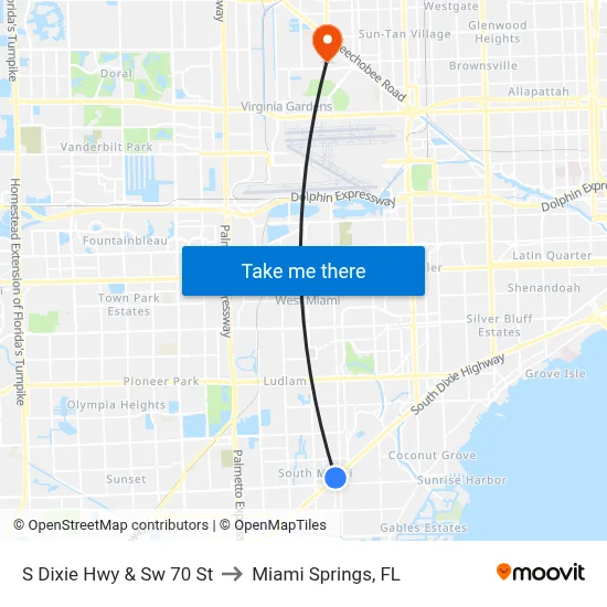 S Dixie Hwy & Sw 70 St to Miami Springs, FL map