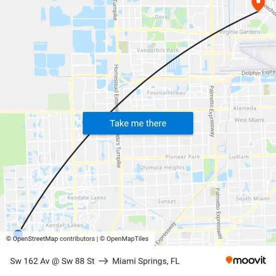 Sw 162 Av @ Sw 88 St to Miami Springs, FL map