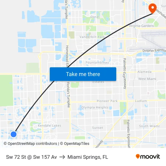 Sw 72 St @ Sw 157 Av to Miami Springs, FL map