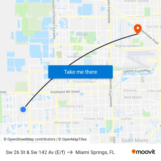 Sw 26 St & Sw 142 Av (E/f) to Miami Springs, FL map