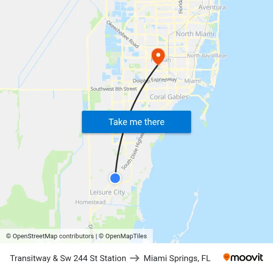 Transitway & Sw 244 St Station to Miami Springs, FL map