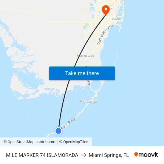 Mile Marker 74 Islamorada to Miami Springs, FL map
