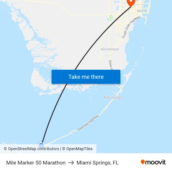Mile Marker 50 Marathon to Miami Springs, FL map