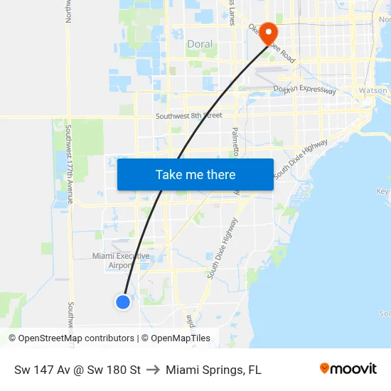 Sw 147 Av @ Sw 180 St to Miami Springs, FL map