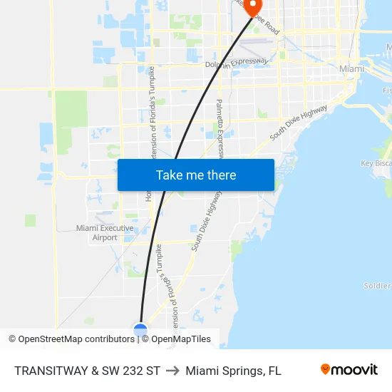 Transitway & Sw 232 St to Miami Springs, FL map