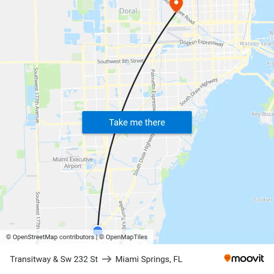 Transitway & Sw 232 St to Miami Springs, FL map