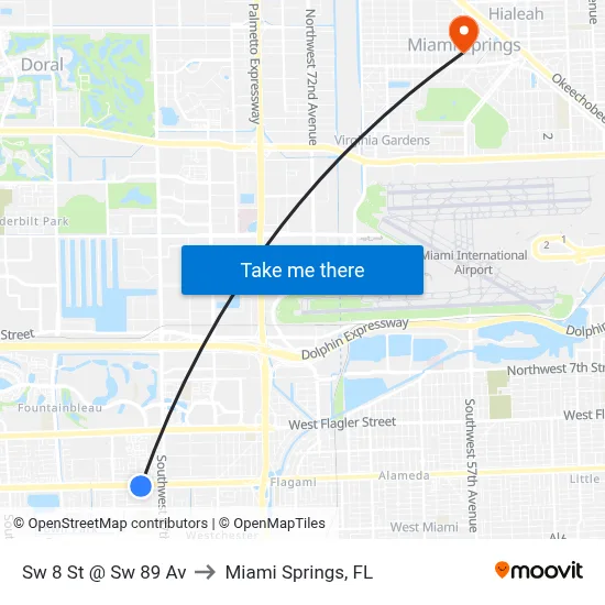 Sw 8 St @ Sw 89 Av to Miami Springs, FL map