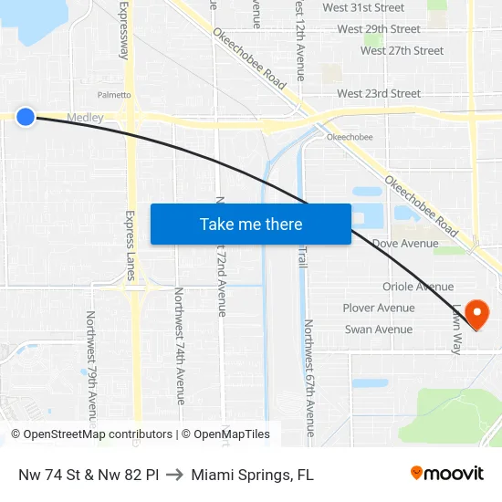 Nw 74 St & Nw 82 Pl to Miami Springs, FL map