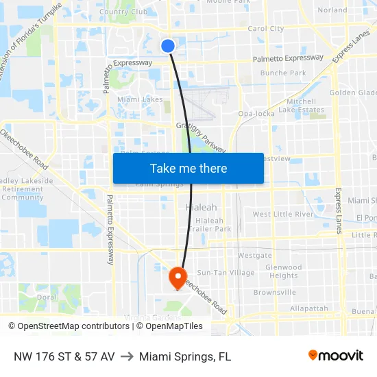 Nw 176 St & 57 Av to Miami Springs, FL map