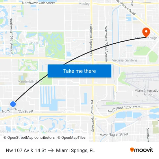 Nw 107 Av & 14 St to Miami Springs, FL map