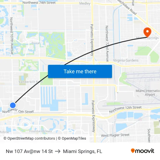 Nw 107 Av@nw 14 St to Miami Springs, FL map