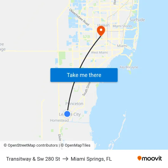 Transitway & Sw 280 St to Miami Springs, FL map