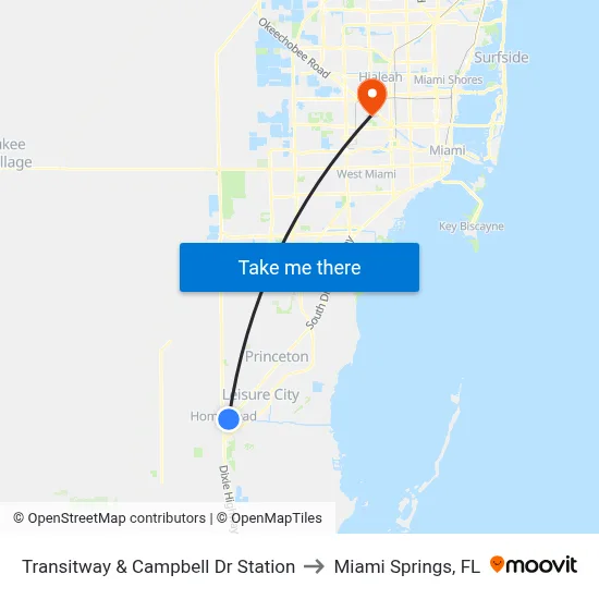 Transitway & Campbell Dr Station to Miami Springs, FL map