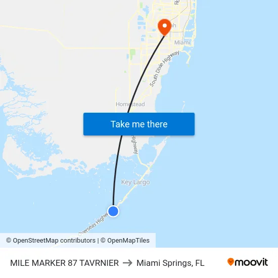 Mile Marker 87 Tavrnier to Miami Springs, FL map