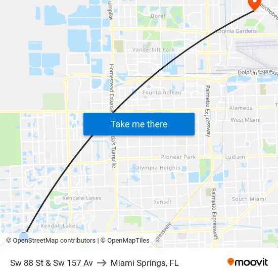 Sw 88 St & Sw 157 Av to Miami Springs, FL map
