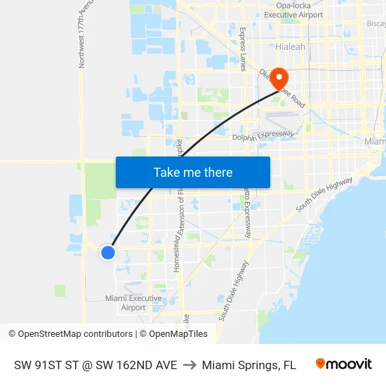 Sw 91st St @ Sw 162nd Ave to Miami Springs, FL map