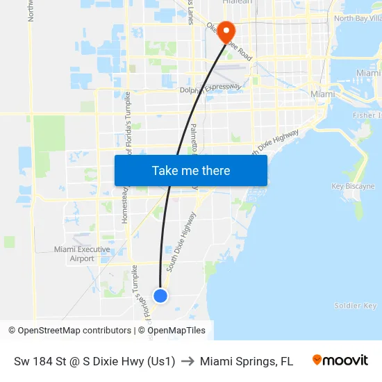 Sw 184 St @ S Dixie Hwy (Us1) to Miami Springs, FL map