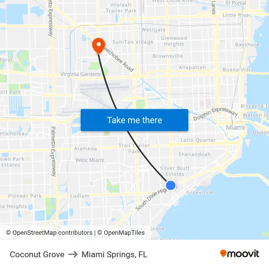 Coconut Grove to Miami Springs, FL map