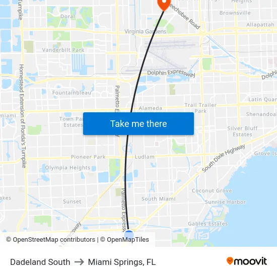 Dadeland South to Miami Springs, FL map