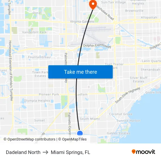 Dadeland North to Miami Springs, FL map