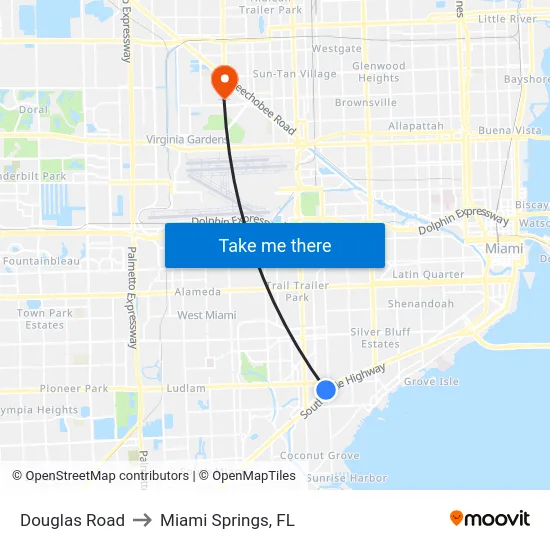 Douglas Road to Miami Springs, FL map