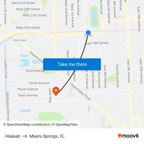 Hialeah to Miami Springs, FL map