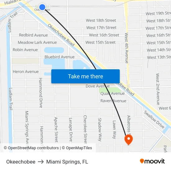 Okeechobee to Miami Springs, FL map