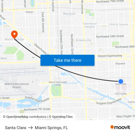 Santa Clara to Miami Springs, FL map