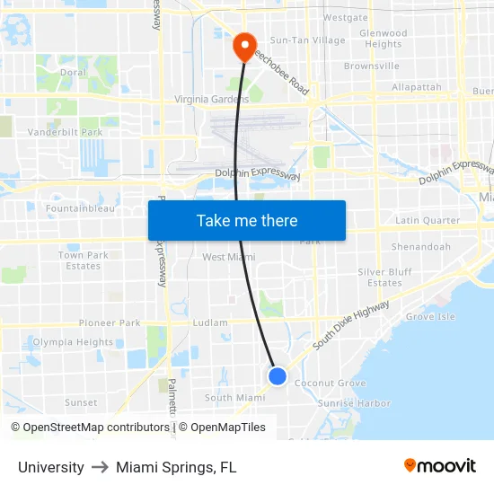 University to Miami Springs, FL map