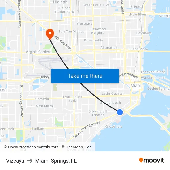 Vizcaya to Miami Springs, FL map