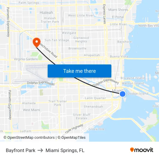 Bayfront Park to Miami Springs, FL map