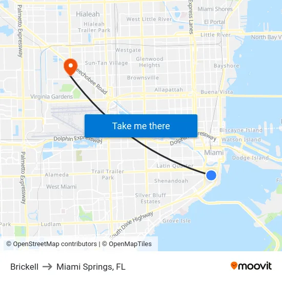 Brickell to Miami Springs, FL map