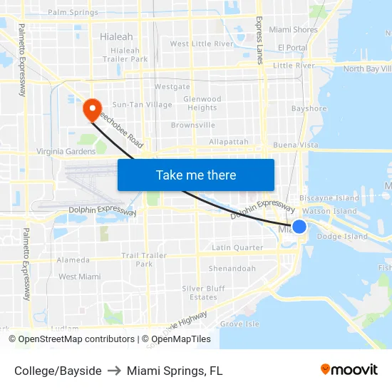 College/Bayside to Miami Springs, FL map