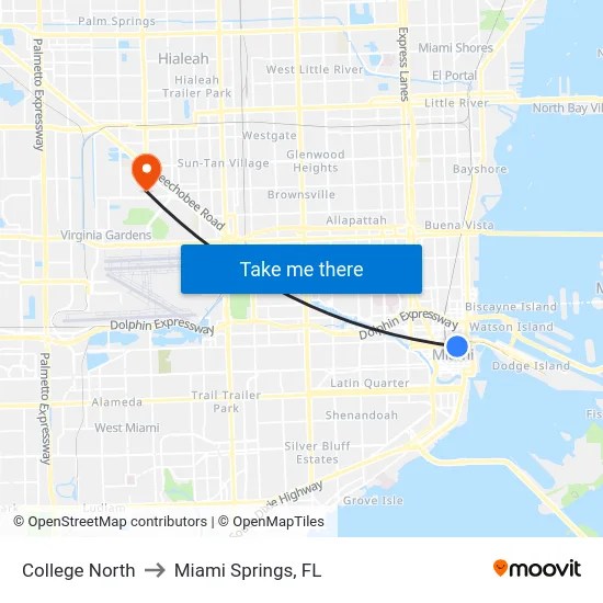 College North to Miami Springs, FL map