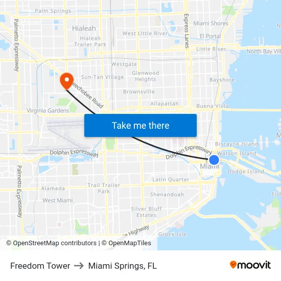 Freedom Tower to Miami Springs, FL map